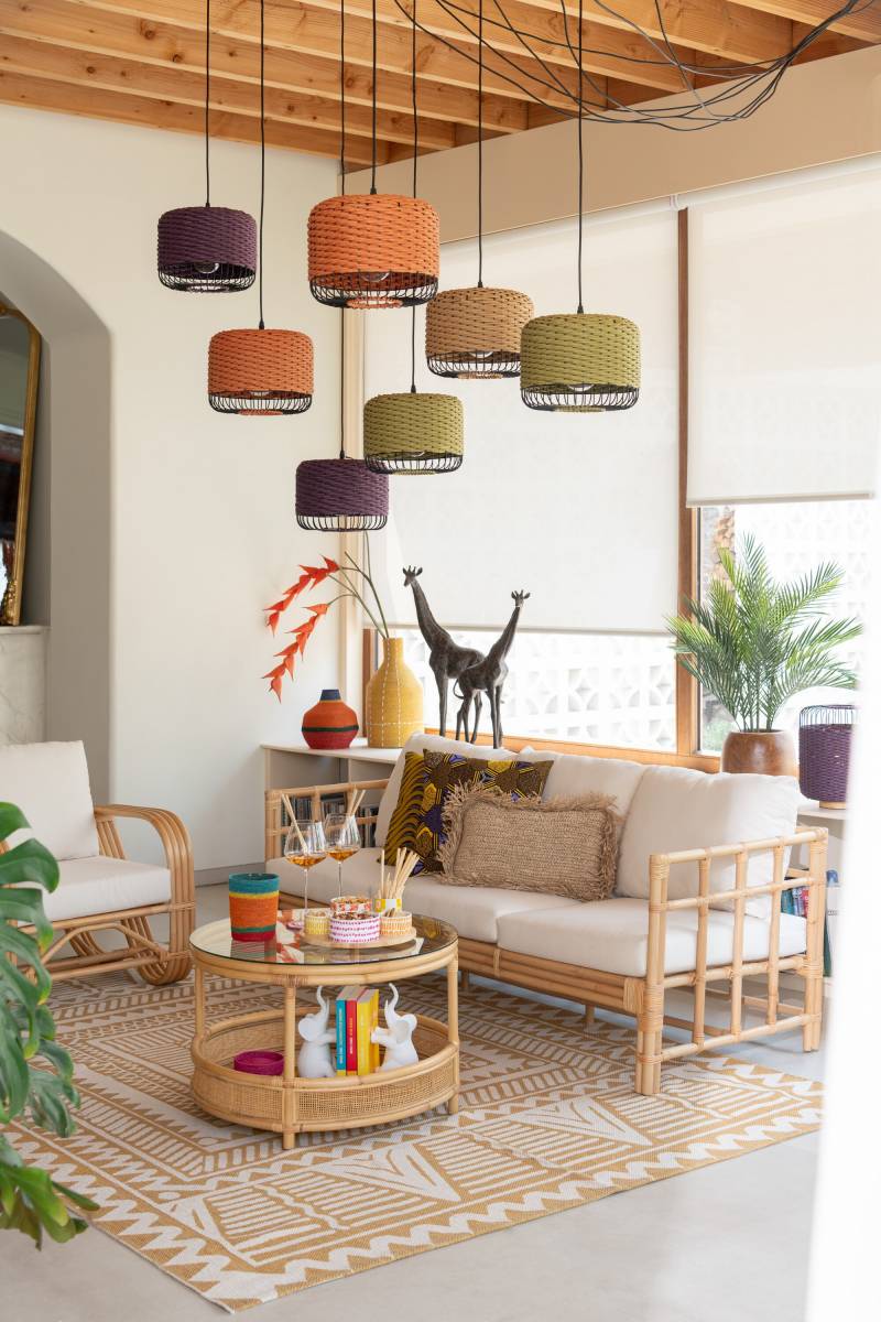 Suspension plafond en corde tressée – luminaire déco naturel & coloré